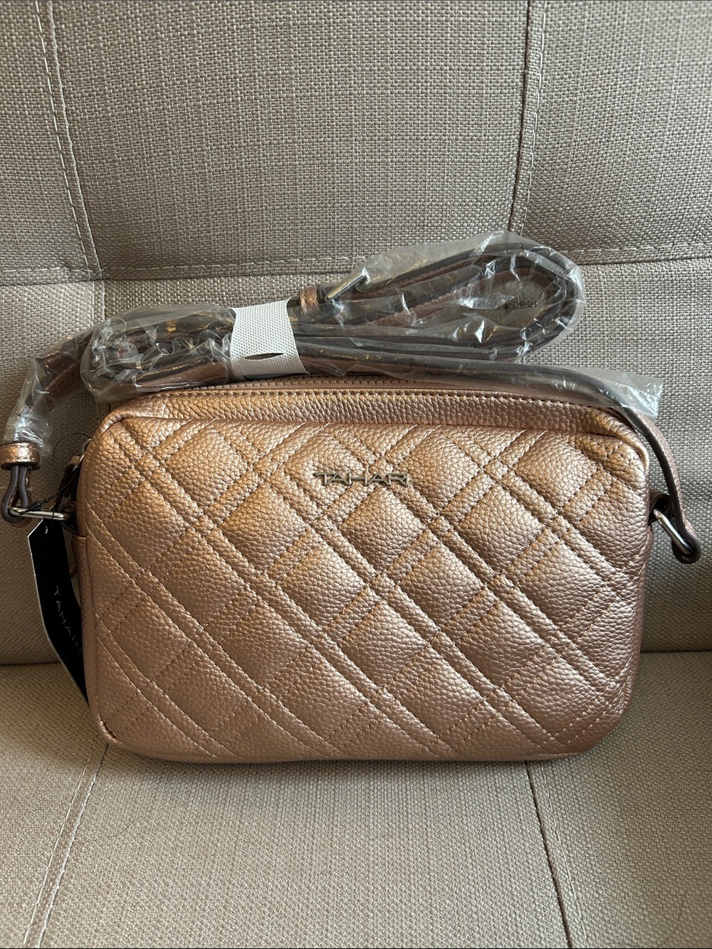 Tahari Metallic Rose Gold Quilted Crossbody Bag